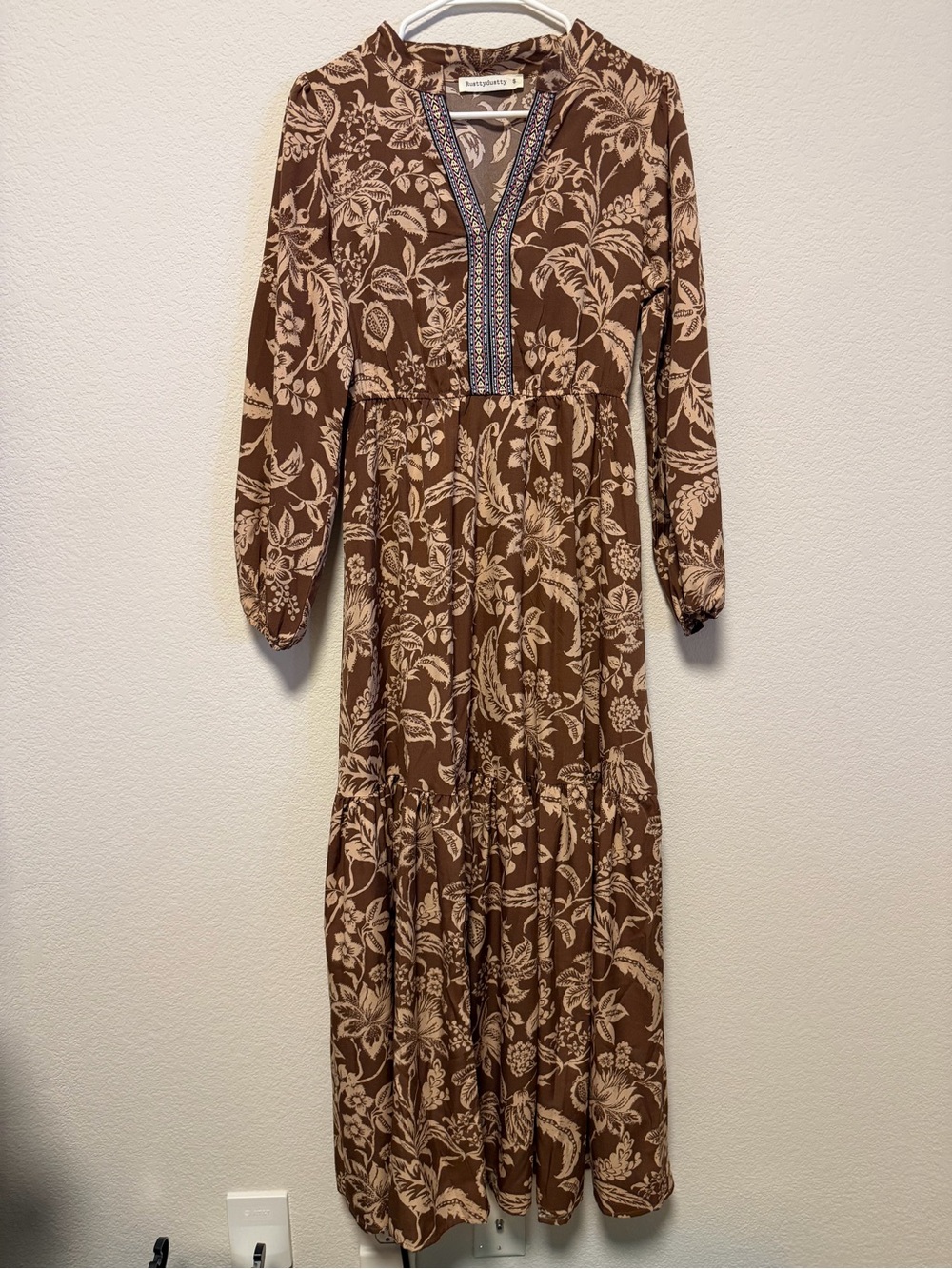 Brown and Cream Floral Maxi Dress with Embroidered V-Neck by Lucky Brand